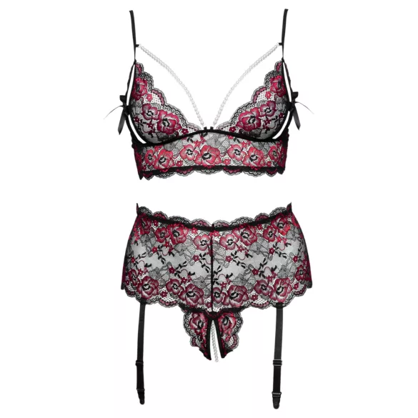 Cottelli Curves - set sutien deschis cu flori (negru)