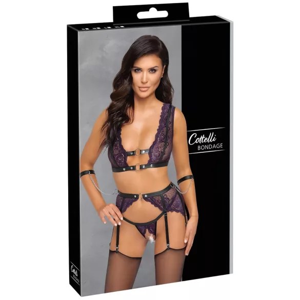 Cottelli Bondage - set lenjerie și cătușe (negru-violet) - M