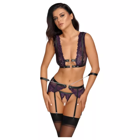 Cottelli Bondage - set lenjerie și cătușe (negru-violet) - M