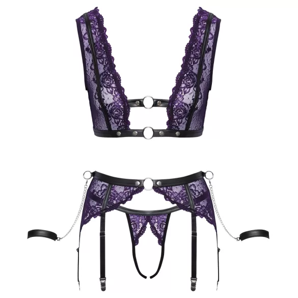Cottelli Bondage - set lenjerie și cătușe (negru-violet) - M