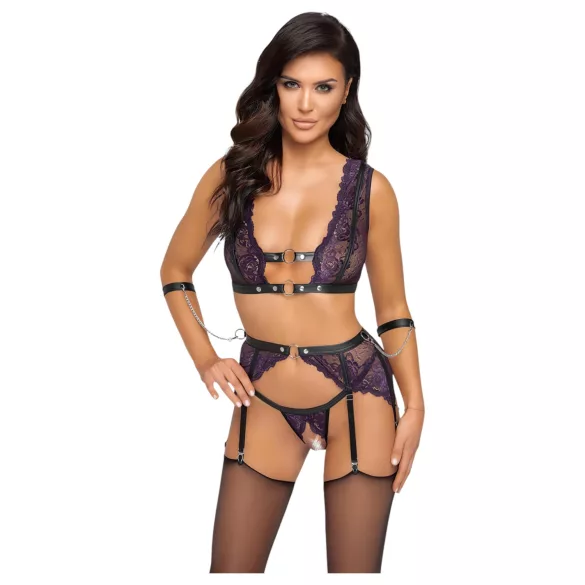 Cottelli Bondage - set lenjerie și cătușe (negru-violet) - XL