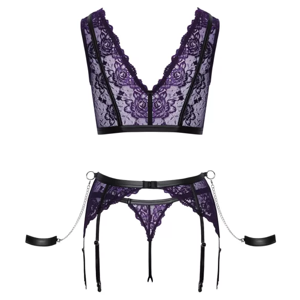 Cottelli Bondage - set lenjerie și cătușe (negru-violet) - XL