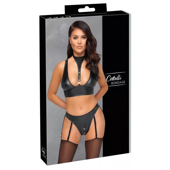 Cottelli Bondage - set sutien lucios cu cătușe (negru) - M