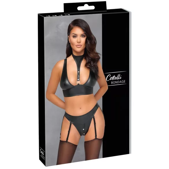 Cottelli Bondage - set sutien lucios cu cătușe (negru) - M