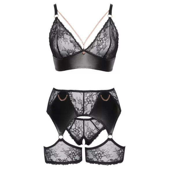 Cottelli Curves - set lenjerie cu dantelă și inserții din piele - negru