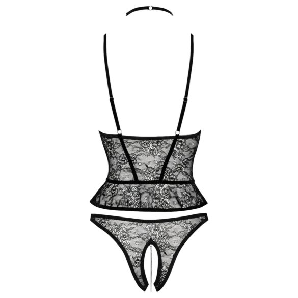 Abierta Fina - chiloți tanga deschiși și corset (negru)