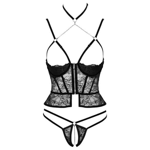 Abierta Fina - tanga deschisă și corset (negru) - L