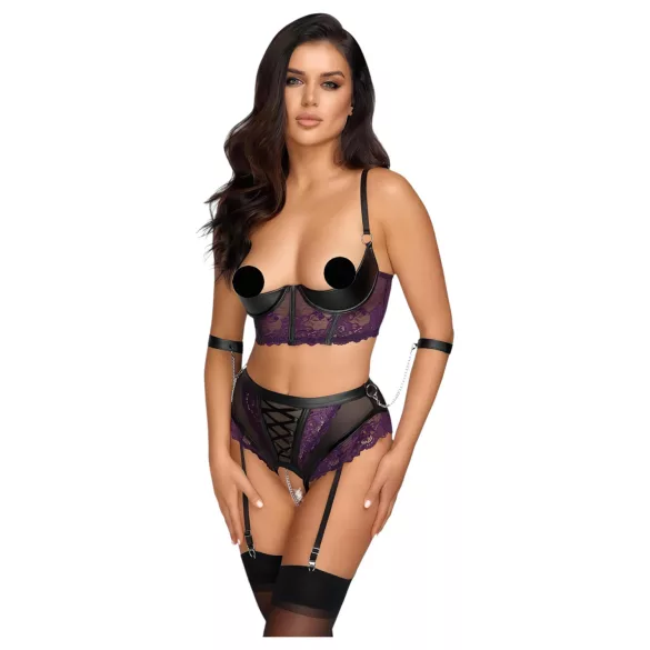 Cottelli Bondage - set sutien și cătușe pentru brațe (negru-mov) - M
