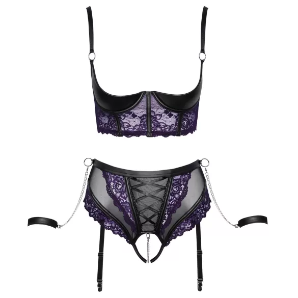 Cottelli Bondage - set sutien și cătușe pentru brațe (negru-mov) - M