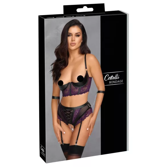 Cottelli Bondage - set sutien și cătușe pentru brațe (negru-mov) - M