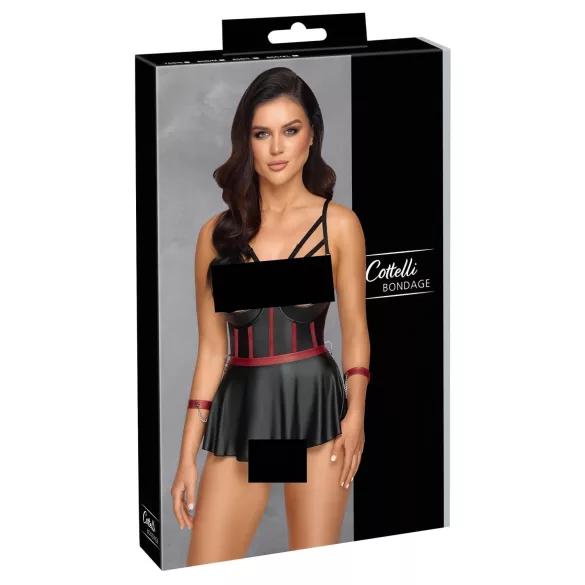 Cottelli Bondage - set lenjerie strălucitor cu cătușe pentru mâini - negru - 85B/L