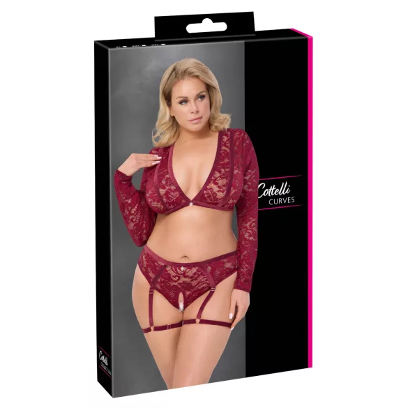 Cottelli Curves - set lenjerie din dantelă cu mâneci lungi - roșu