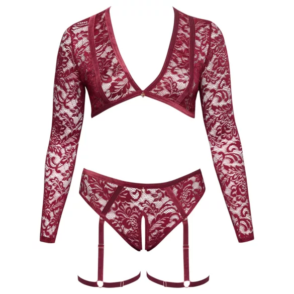 Cottelli Curves - set lenjerie din dantelă cu mâneci lungi - roșu - 2XL