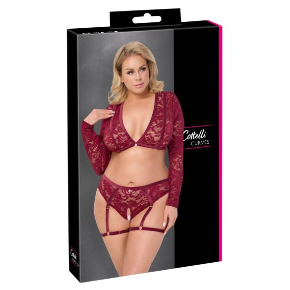 Cottelli Curves - set lenjerie din dantelă cu mâneci lungi - roșu - 3XL