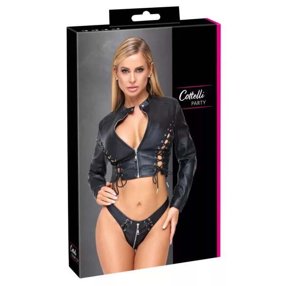 Cottelli - set jachetă scurtă din piele artificială și tanga (negru)