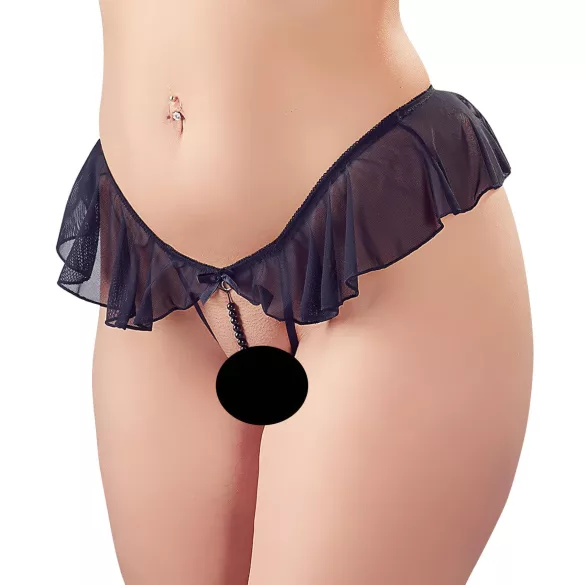Cottelli - tanga deschis cu volane și perle - negru