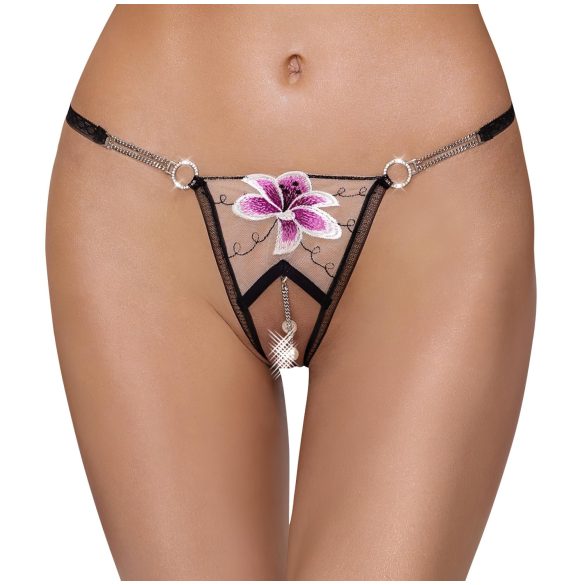 Cottelli - tanga damă brodată model crin - negru/alb - M/L