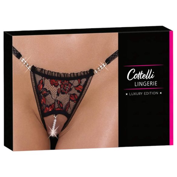 Cottelli - tanga de lux cu mărgele și trandafiri (negru) - M/L