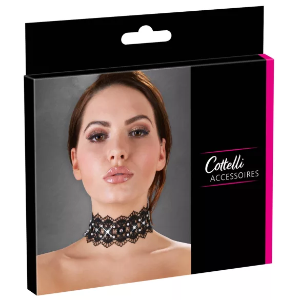 Cottelli - colier din dantelă cu perle și strasuri - negru