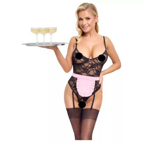 Cottelli - costum menajeră sexy transparent - negru-roz - L