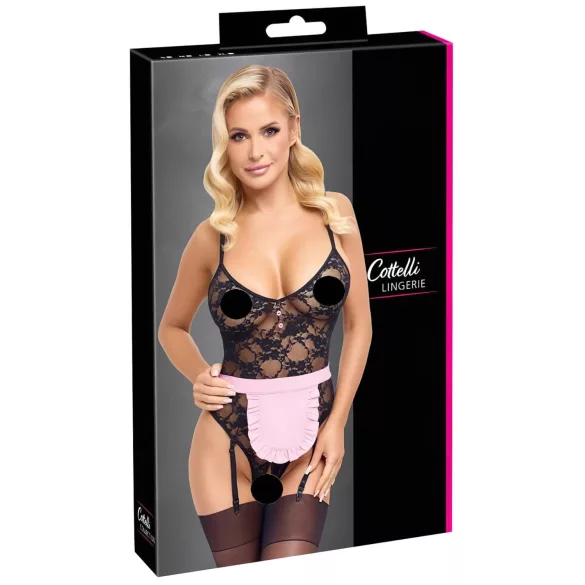 Cottelli - costum menajeră sexy transparent - negru-roz - XL