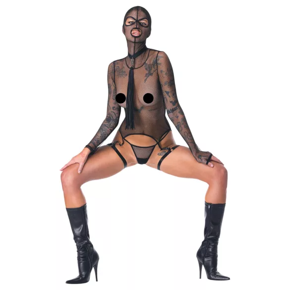 Bad Kitty - Set BDSM din plasă transparentă cu bici (negru) - L