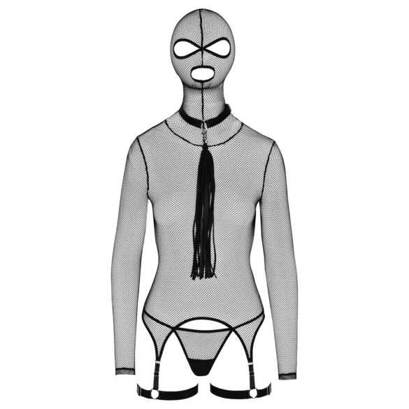 Bad Kitty - Set BDSM din plasă transparentă cu bici (negru) - L