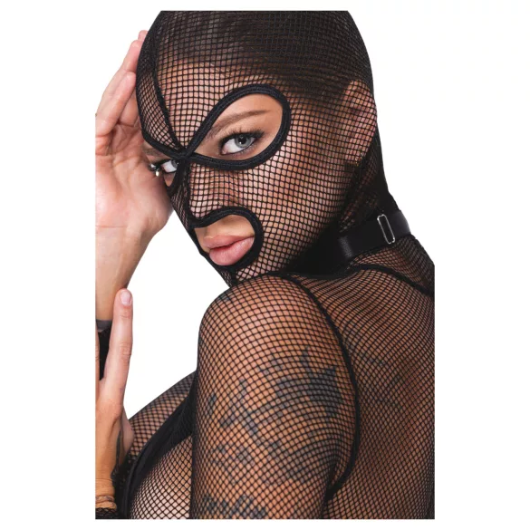 Bad Kitty - Set BDSM din plasă transparentă cu bici (negru) - L