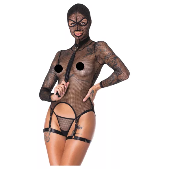 Bad Kitty - Set BDSM din plasă transparentă cu bici (negru) - L