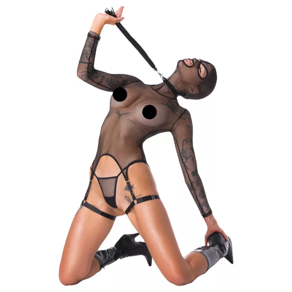 Bad Kitty - Set BDSM din plasă transparentă cu bici (negru) - L