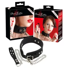 Bad Kitty - zgardă și lesă BDSM din silicon - negru