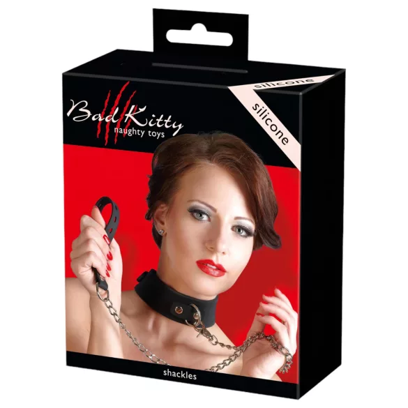 Bad Kitty - zgardă și lesă BDSM din silicon - negru