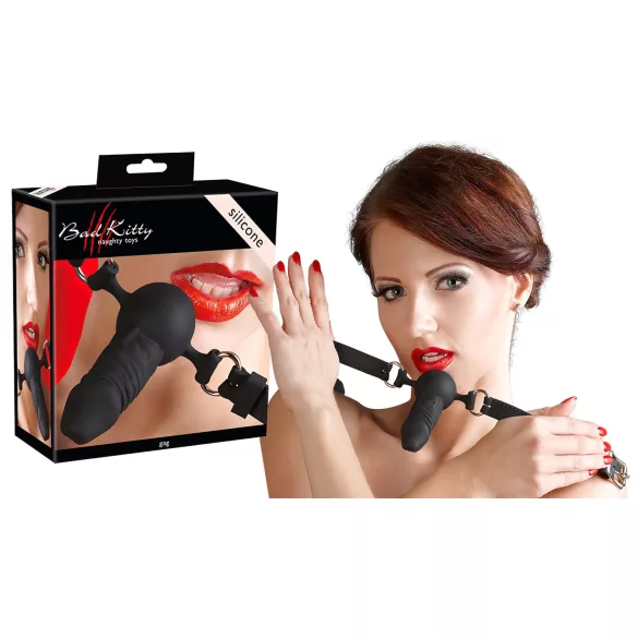 Bad Kitty - mușcătură pentru gură cu dildo mic - silicon negru