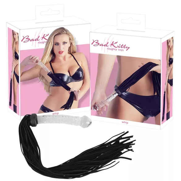 Bad Kitty - bici din piele cu dildo din sticlă - transparent-negru