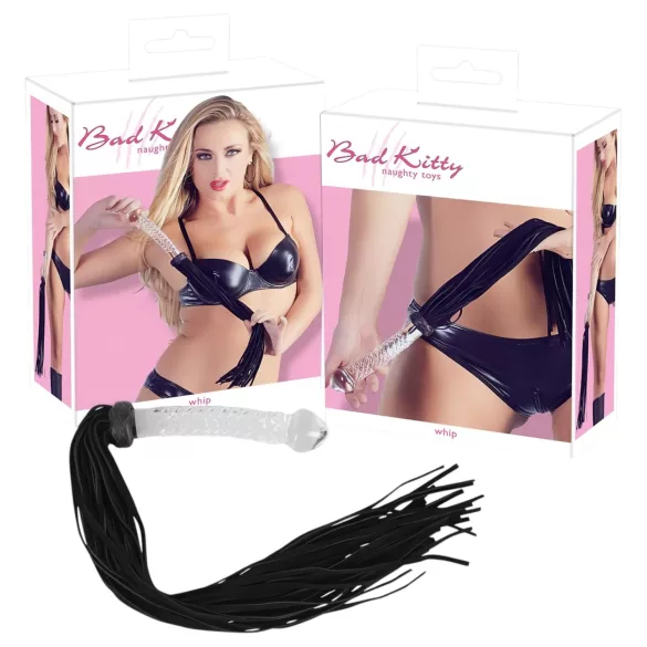 Bad Kitty - bici din piele cu dildo din sticlă - transparent-negru
