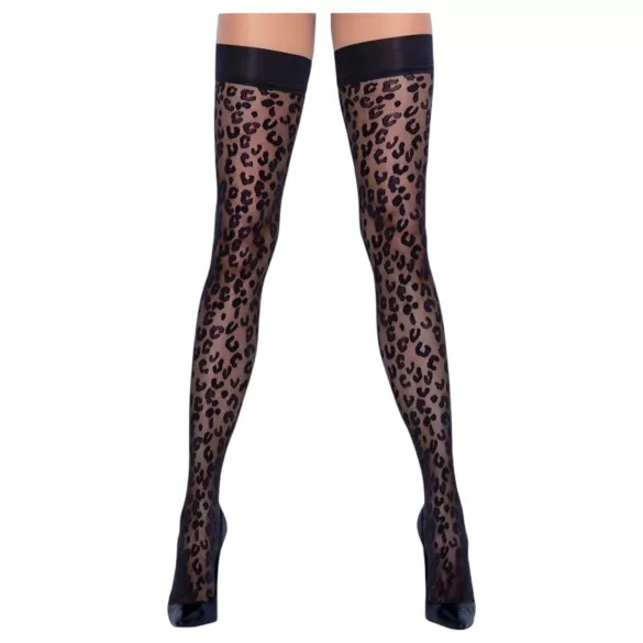 Cottelli Legwear - dresuri tip portjartier cu model leopard - negru - 5