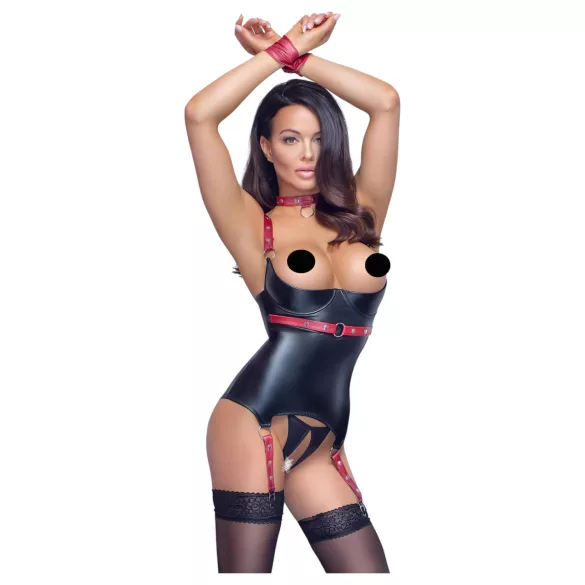 Cottelli Bondage - Top lucios cu ridicare sâni și guler - negru