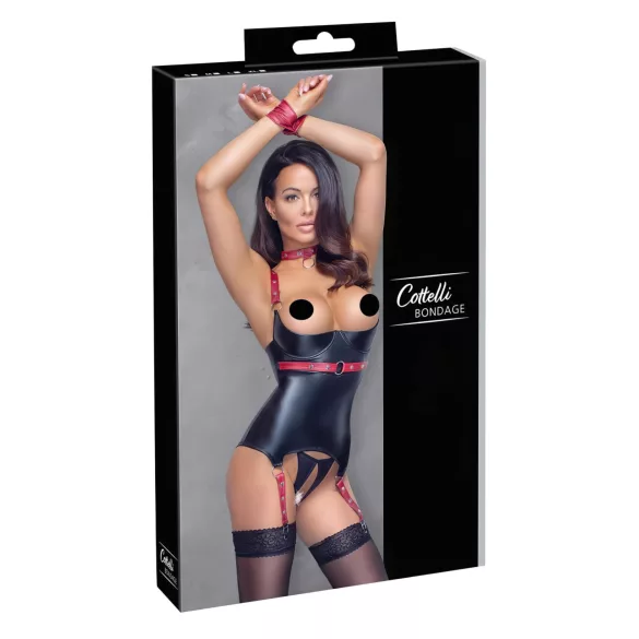 Cottelli Bondage - Top lucios cu ridicare sâni și guler - negru - M