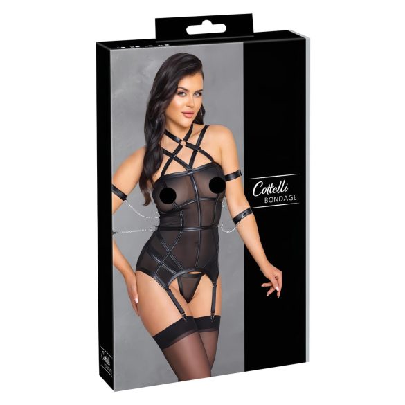 Cottelli Bondage - top cu curele, cătușe pentru mâini și tanga (negru)