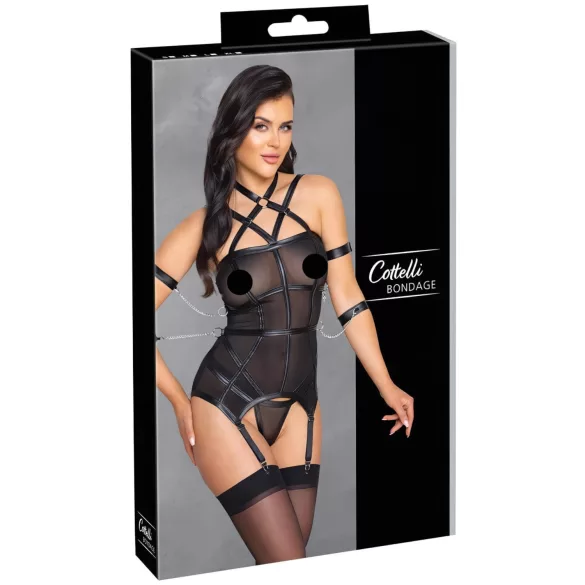 Cottelli Bondage - top cu curele, cătușe pentru mâini și tanga (negru)