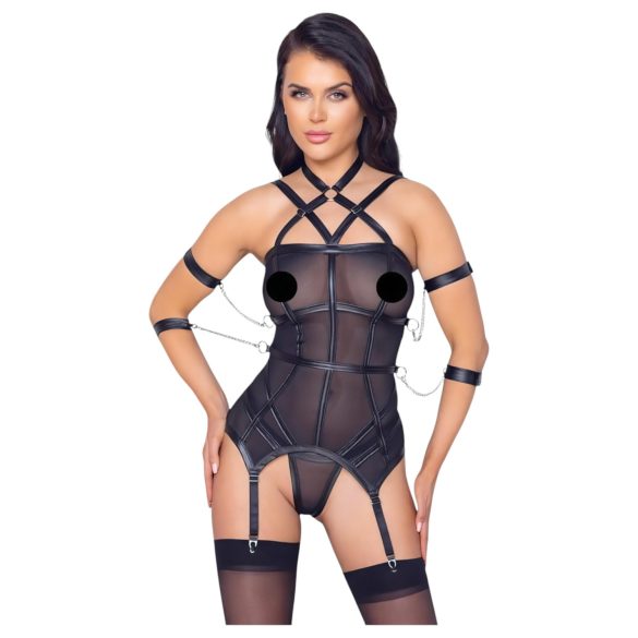 Cottelli Bondage - Top cu curele, cătușe și tanga (negru) - M