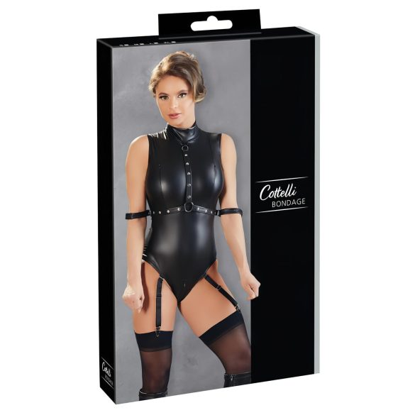 Cottelli Bondage - body lucios fără mâneci cu cătușe pentru mâini - negru - XL