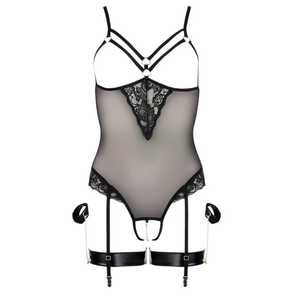 Cottelli Bondage - body cu inele metalice și cătușe pentru mâini - negru