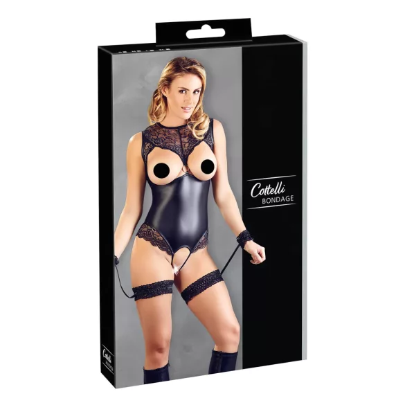 Cottelli Bondage - body deschis lucios și cătușe pentru mâini - negru - M