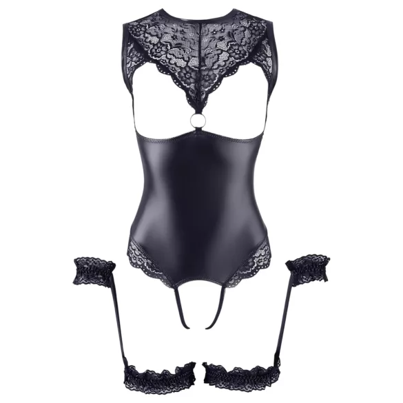 Cottelli Bondage - body deschis lucios și cătușe pentru mâini - negru - M