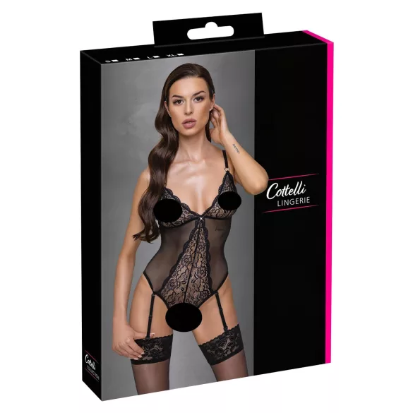 Cottelli - body deschis cu dantelă și jartieră - negru - XL