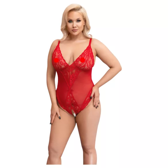 Cottelli Curves - body din dantelă transparentă (roșu) - 2XL