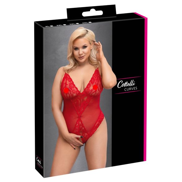 Cottelli Curves - body din dantelă transparentă - roșu - 3XL