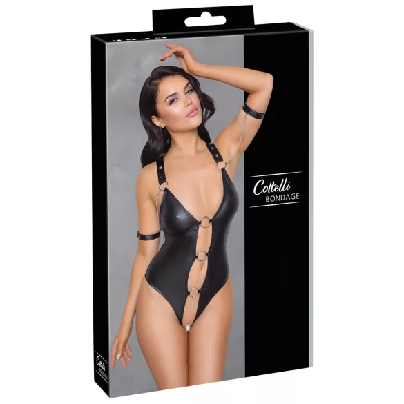 Cottelli Bondage - body deschis cu inele, lucios - negru