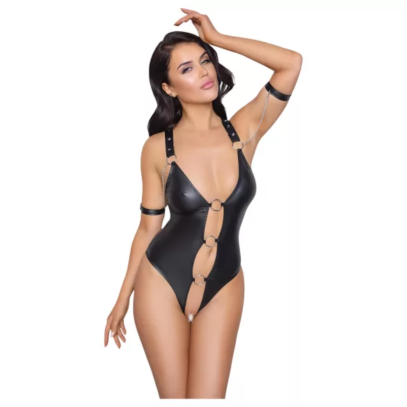 Cottelli Bondage - body deschis cu inele, lucios - negru - L